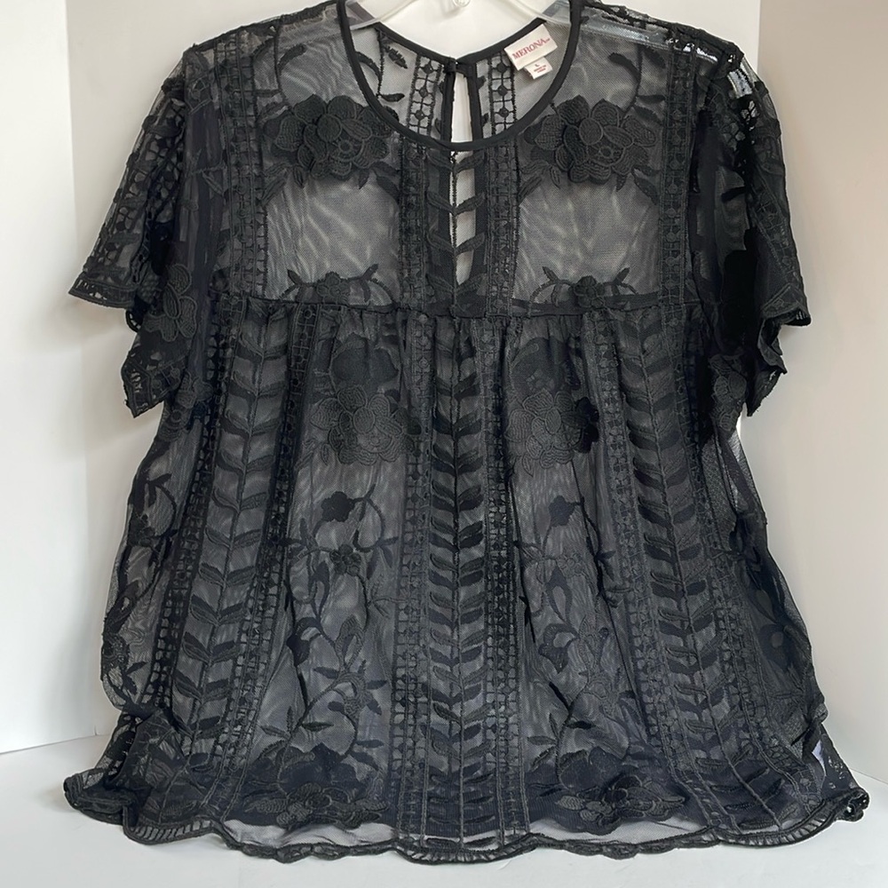 Merona Crewneck keyhole back sheer soft lace scalloped edge top size large